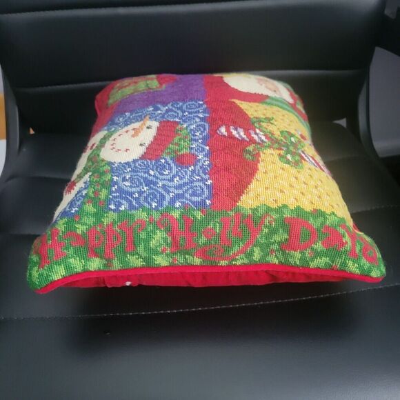 Christmas Holiday Needlepoint pillow red santa snowman candy cane present happy - Picture 4 of 12